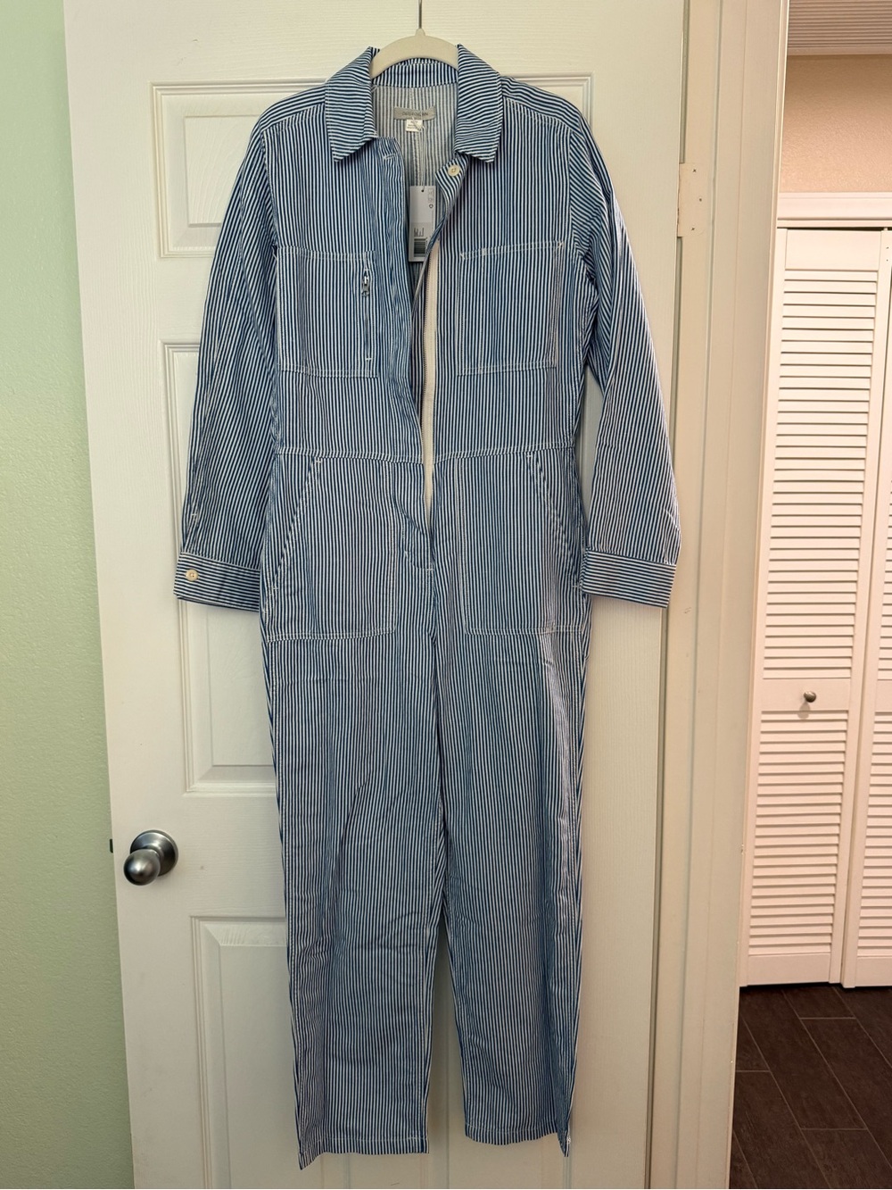Outerknown Blue and White Striped Utility Jumpsuit